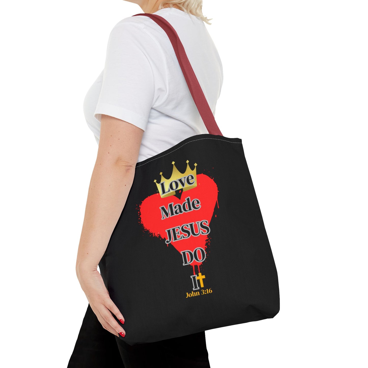 KT&T Love Made Jesus Do It Tote Bag with Black or Red Handles
