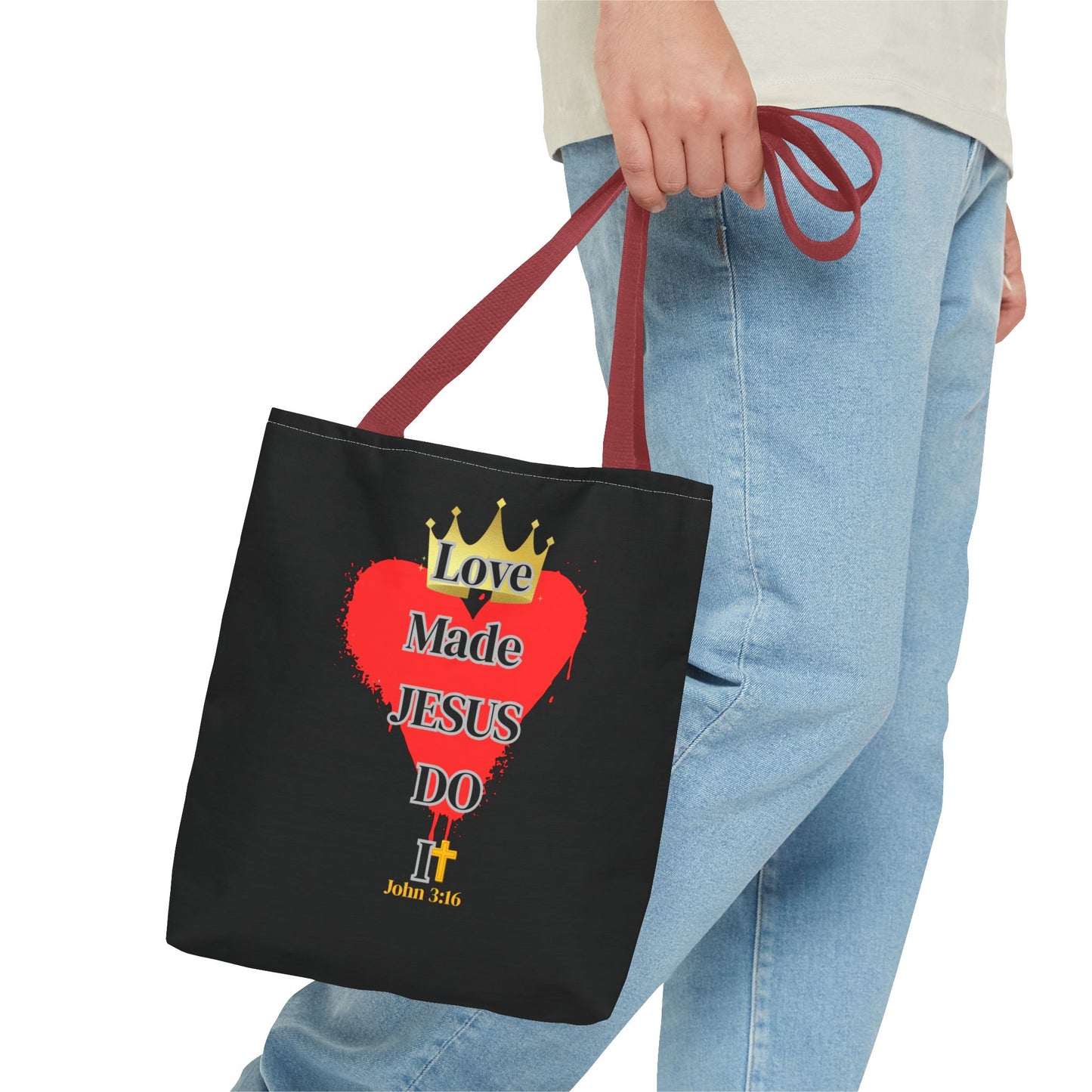 KT&T Love Made Jesus Do It Tote Bag with Black or Red Handles