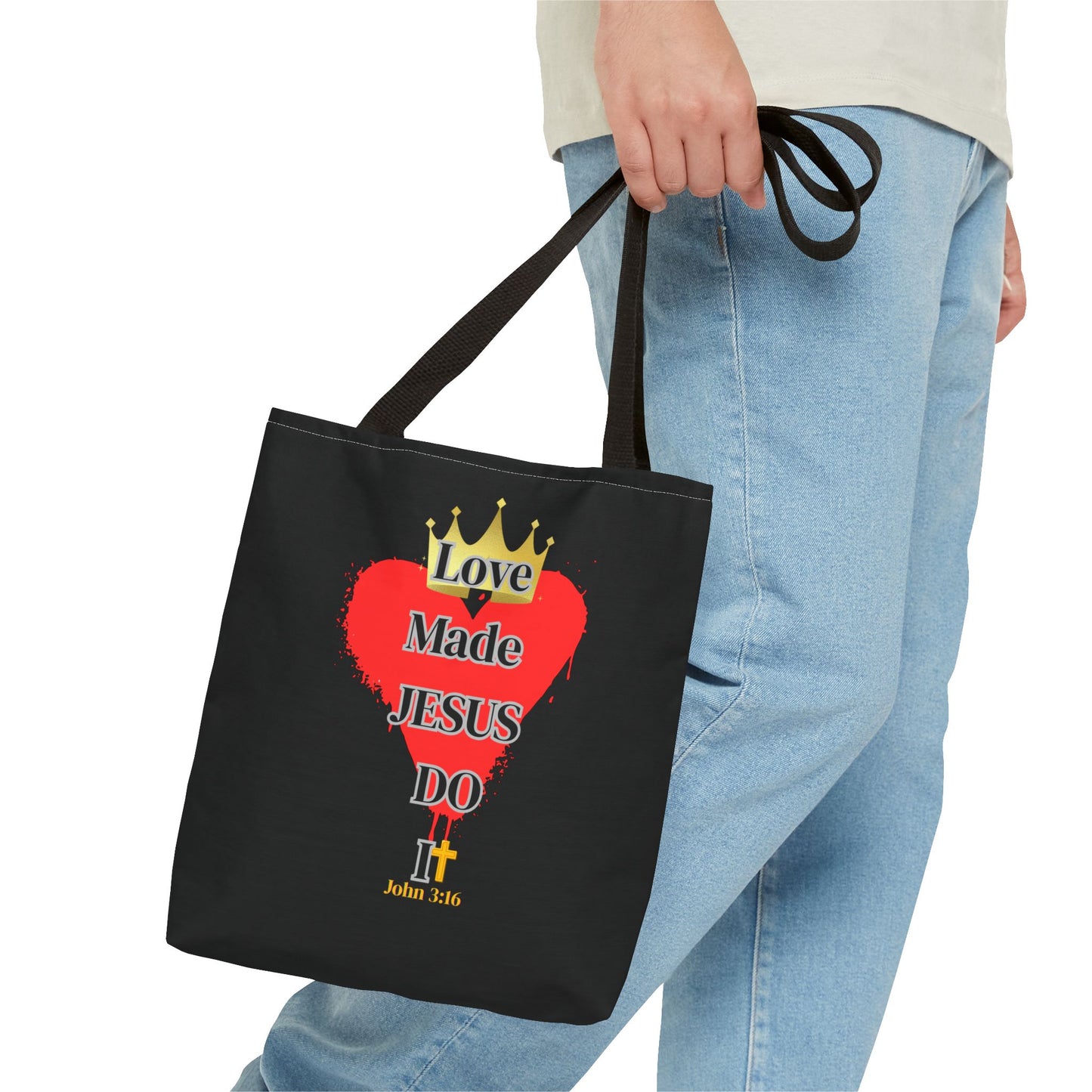 KT&T Love Made Jesus Do It Tote Bag with Black or Red Handles
