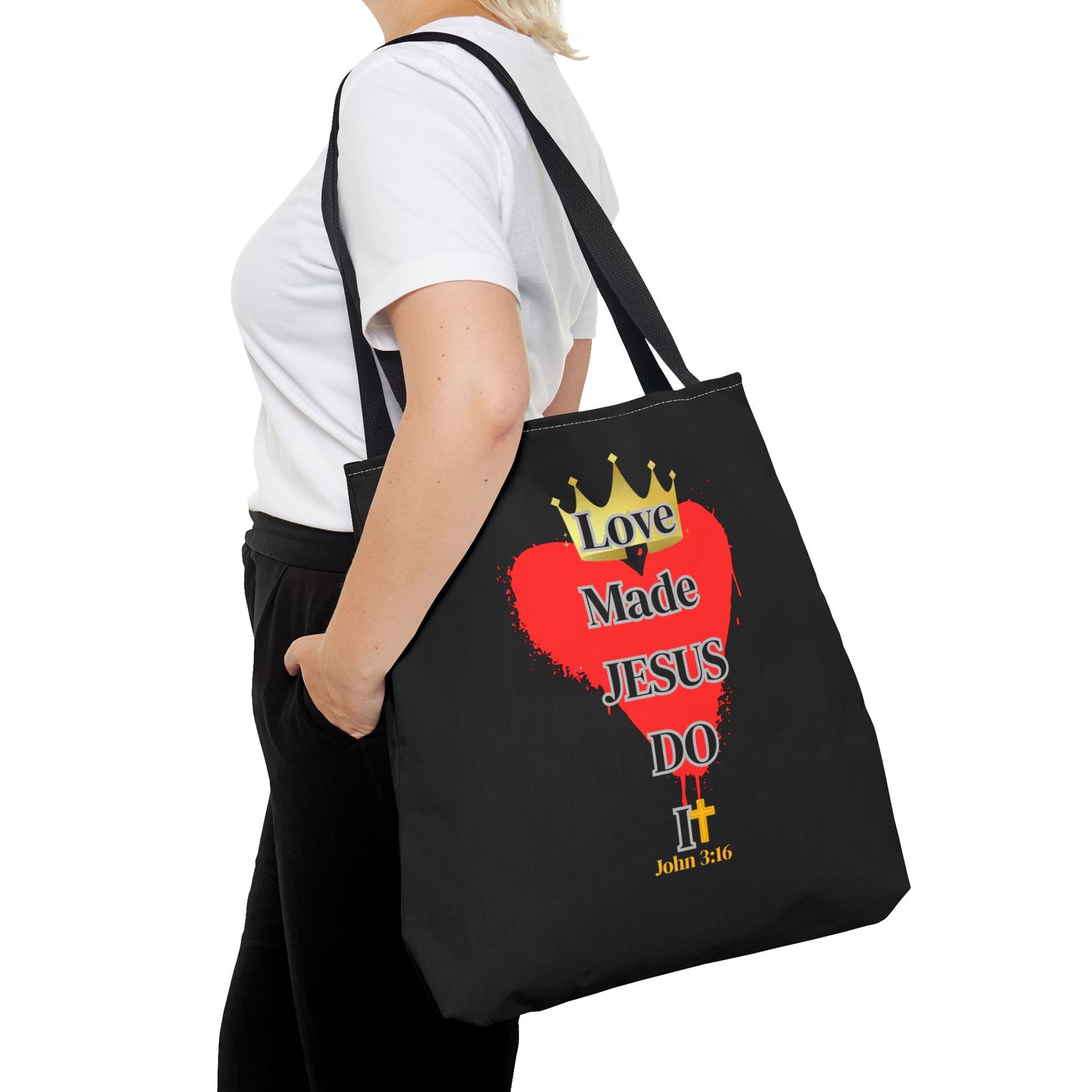 KT&T Love Made Jesus Do It Tote Bag with Black or Red Handles