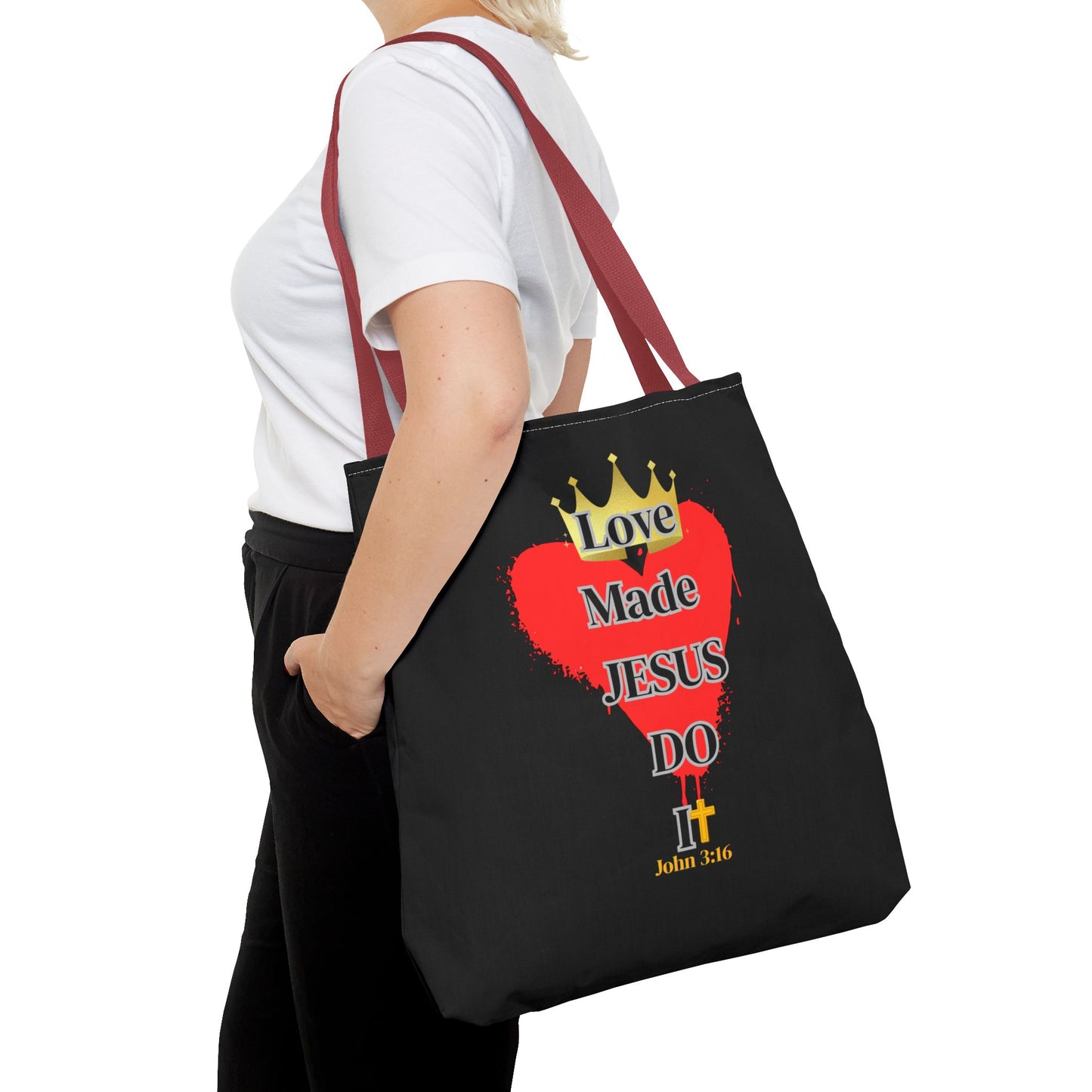 KT&T Love Made Jesus Do It Tote Bag with Black or Red Handles